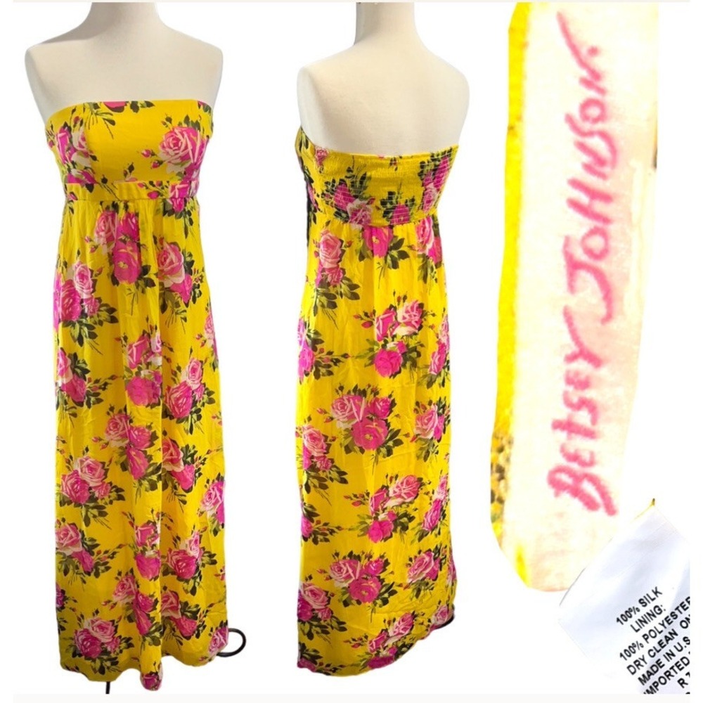 Vtg Betsey Johnson Silk Strapless Maxi Dress Yellow Rose Floral Coquette Sz 2 - Picture 2 of 16